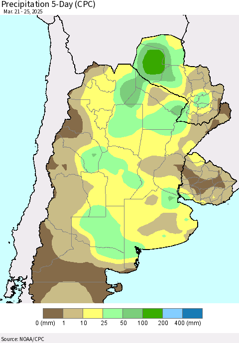 Southern South America Precipitation 5-Day (CPC) Thematic Map For 3/21/2025 - 3/25/2025