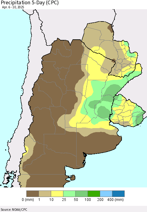 Southern South America Precipitation 5-Day (CPC) Thematic Map For 4/6/2025 - 4/10/2025