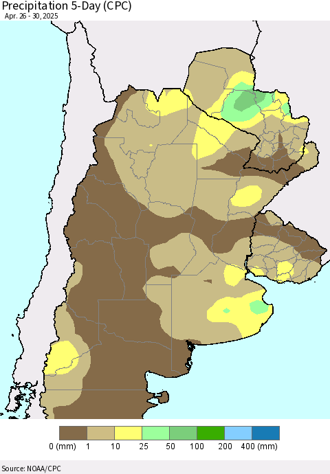 Southern South America Precipitation 5-Day (CPC) Thematic Map For 4/26/2025 - 4/30/2025