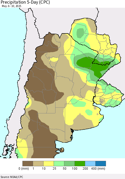 Southern South America Precipitation 5-Day (CPC) Thematic Map For 5/6/2025 - 5/10/2025