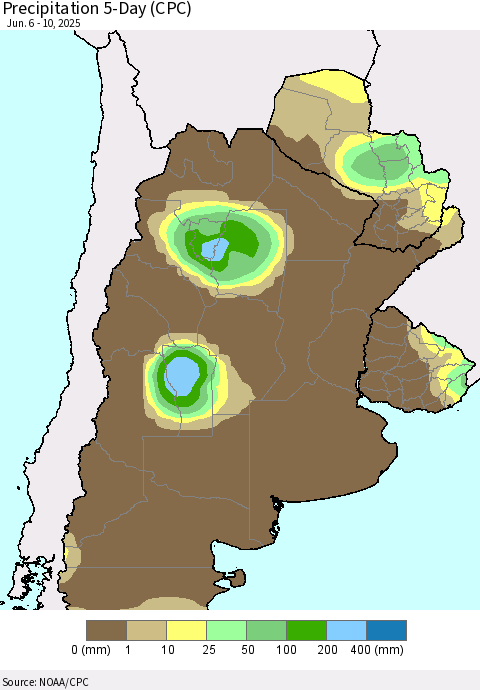 Southern South America Precipitation 5-Day (CPC) Thematic Map For 6/6/2025 - 6/10/2025