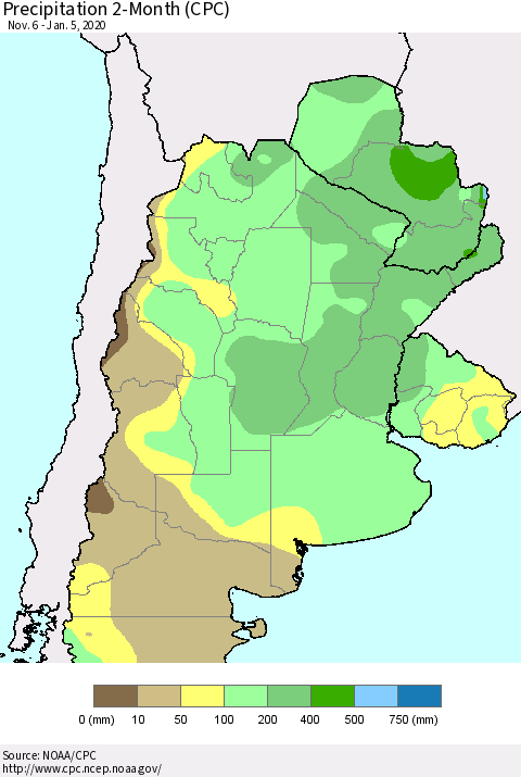 Southern South America Precipitation 2-Month (CPC) Thematic Map For 11/6/2019 - 1/5/2020