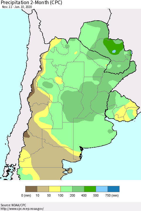 Southern South America Precipitation 2-Month (CPC) Thematic Map For 11/11/2019 - 1/10/2020