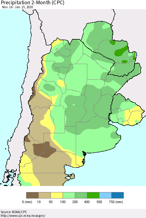 Southern South America Precipitation 2-Month (CPC) Thematic Map For 11/16/2019 - 1/15/2020