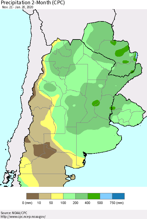 Southern South America Precipitation 2-Month (CPC) Thematic Map For 11/21/2019 - 1/20/2020