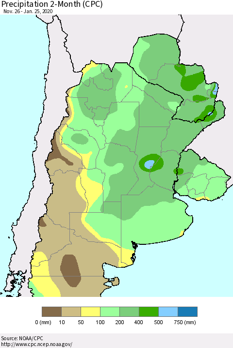 Southern South America Precipitation 2-Month (CPC) Thematic Map For 11/26/2019 - 1/25/2020