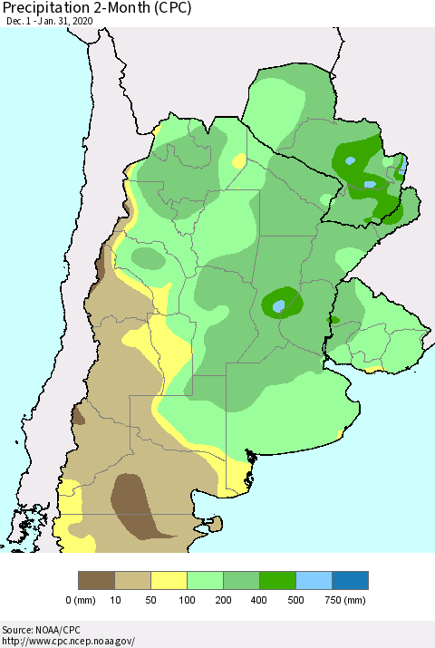 Southern South America Precipitation 2-Month (CPC) Thematic Map For 12/1/2019 - 1/31/2020