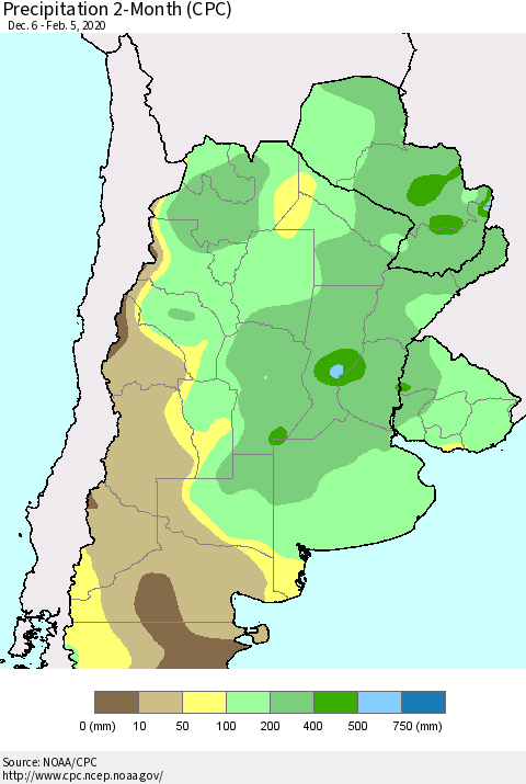 Southern South America Precipitation 2-Month (CPC) Thematic Map For 12/6/2019 - 2/5/2020
