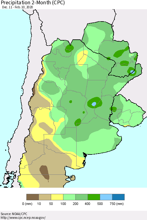 Southern South America Precipitation 2-Month (CPC) Thematic Map For 12/11/2019 - 2/10/2020