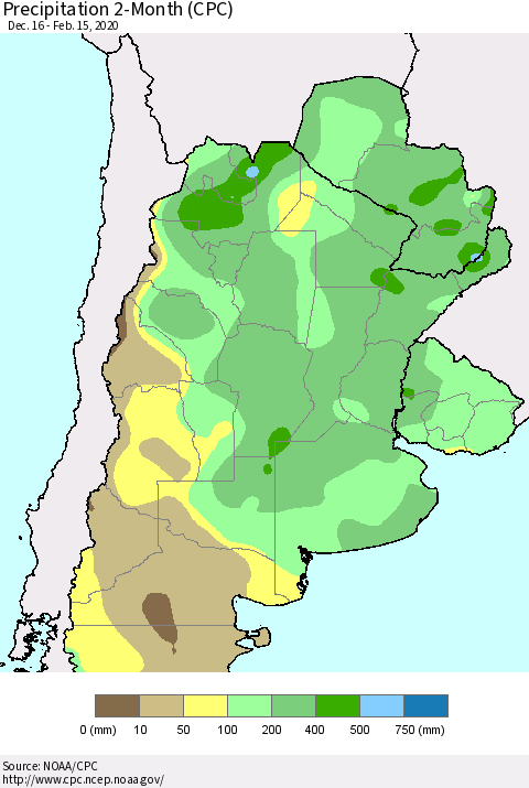 Southern South America Precipitation 2-Month (CPC) Thematic Map For 12/16/2019 - 2/15/2020