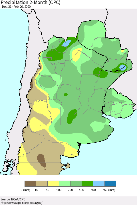 Southern South America Precipitation 2-Month (CPC) Thematic Map For 12/21/2019 - 2/20/2020