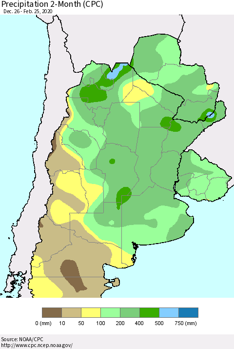 Southern South America Precipitation 2-Month (CPC) Thematic Map For 12/26/2019 - 2/25/2020