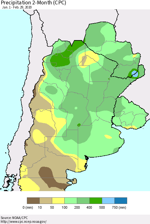 Southern South America Precipitation 2-Month (CPC) Thematic Map For 1/1/2020 - 2/29/2020