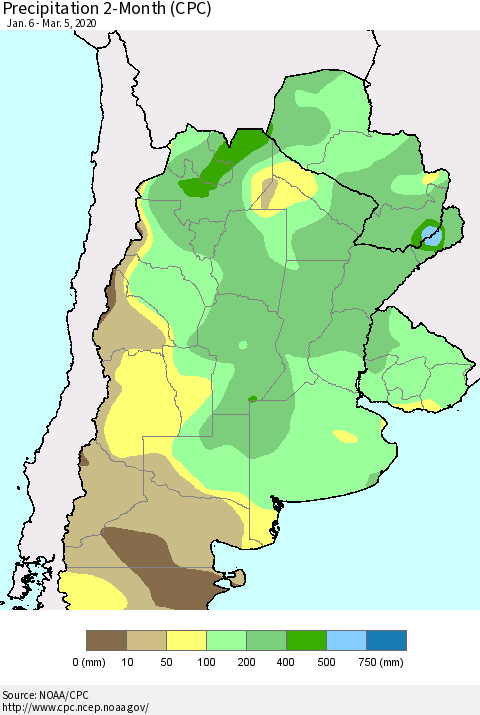 Southern South America Precipitation 2-Month (CPC) Thematic Map For 1/6/2020 - 3/5/2020