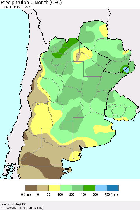 Southern South America Precipitation 2-Month (CPC) Thematic Map For 1/11/2020 - 3/10/2020