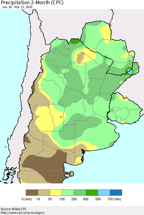 Southern South America Precipitation 2-Month (CPC) Thematic Map For 1/16/2020 - 3/15/2020