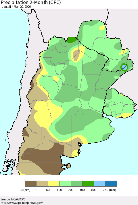 Southern South America Precipitation 2-Month (CPC) Thematic Map For 1/21/2020 - 3/20/2020