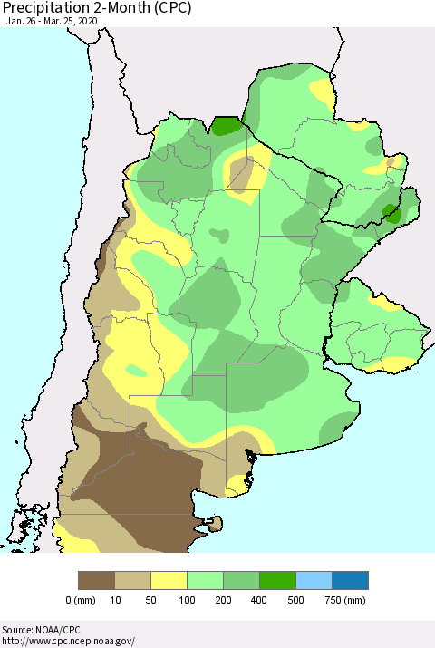 Southern South America Precipitation 2-Month (CPC) Thematic Map For 1/26/2020 - 3/25/2020