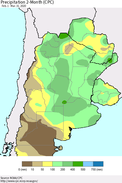 Southern South America Precipitation 2-Month (CPC) Thematic Map For 2/1/2020 - 3/31/2020