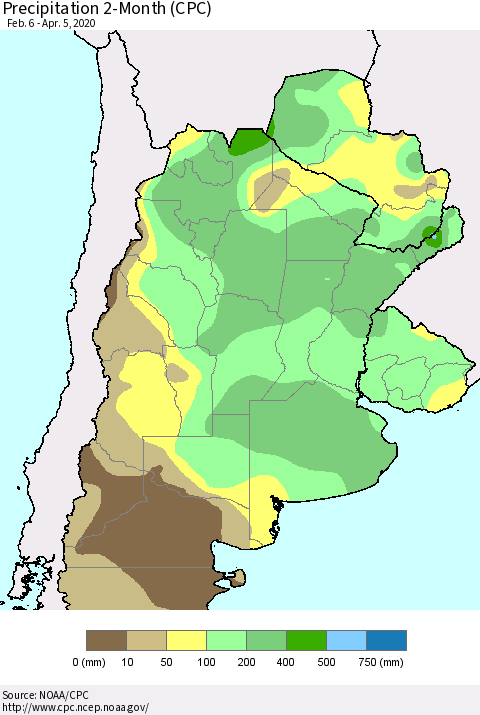 Southern South America Precipitation 2-Month (CPC) Thematic Map For 2/6/2020 - 4/5/2020