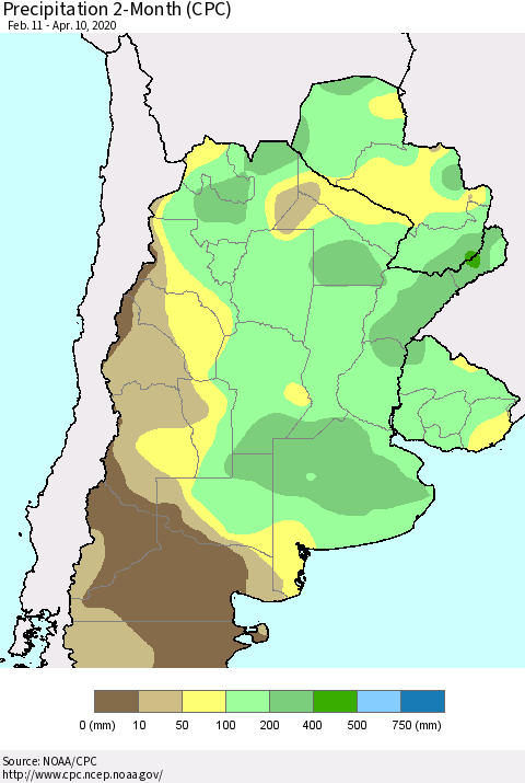 Southern South America Precipitation 2-Month (CPC) Thematic Map For 2/11/2020 - 4/10/2020
