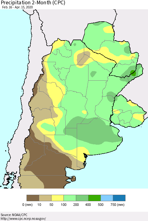 Southern South America Precipitation 2-Month (CPC) Thematic Map For 2/16/2020 - 4/15/2020