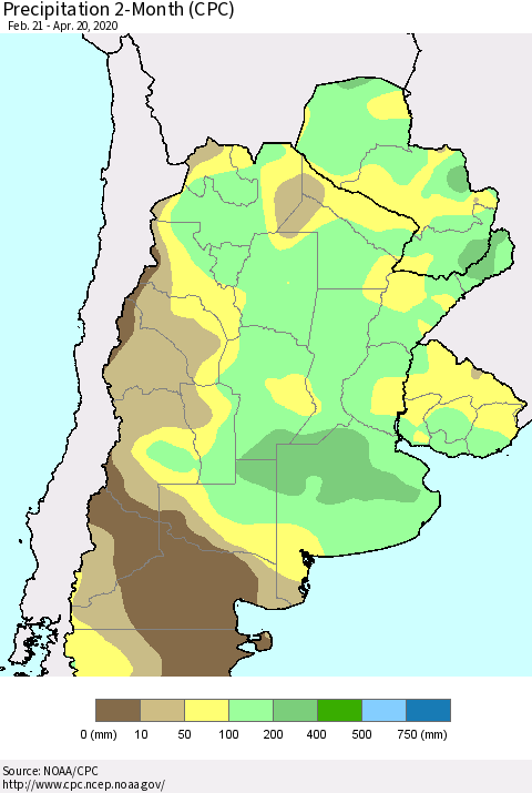Southern South America Precipitation 2-Month (CPC) Thematic Map For 2/21/2020 - 4/20/2020