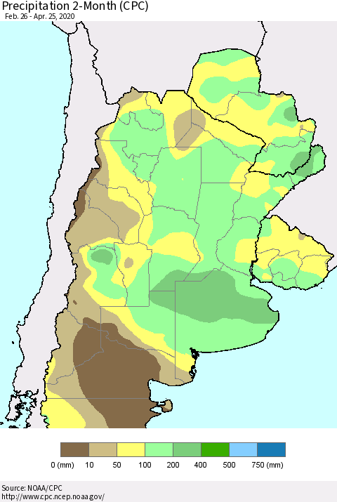 Southern South America Precipitation 2-Month (CPC) Thematic Map For 2/26/2020 - 4/25/2020