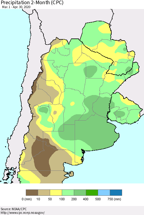 Southern South America Precipitation 2-Month (CPC) Thematic Map For 3/1/2020 - 4/30/2020