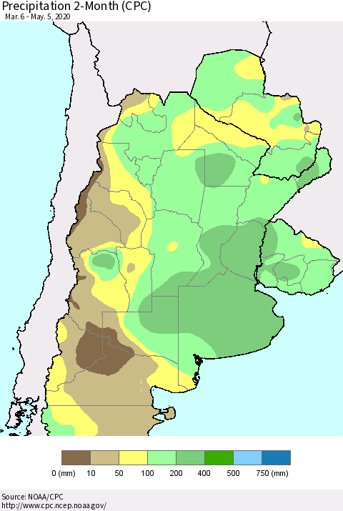 Southern South America Precipitation 2-Month (CPC) Thematic Map For 3/6/2020 - 5/5/2020