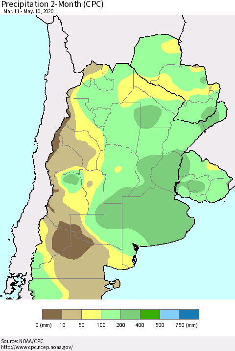 Southern South America Precipitation 2-Month (CPC) Thematic Map For 3/11/2020 - 5/10/2020