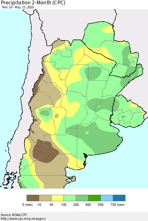 Southern South America Precipitation 2-Month (CPC) Thematic Map For 3/16/2020 - 5/15/2020