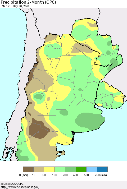 Southern South America Precipitation 2-Month (CPC) Thematic Map For 3/21/2020 - 5/20/2020