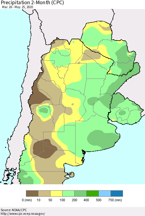 Southern South America Precipitation 2-Month (CPC) Thematic Map For 3/26/2020 - 5/25/2020