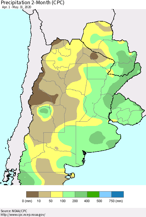 Southern South America Precipitation 2-Month (CPC) Thematic Map For 4/1/2020 - 5/31/2020