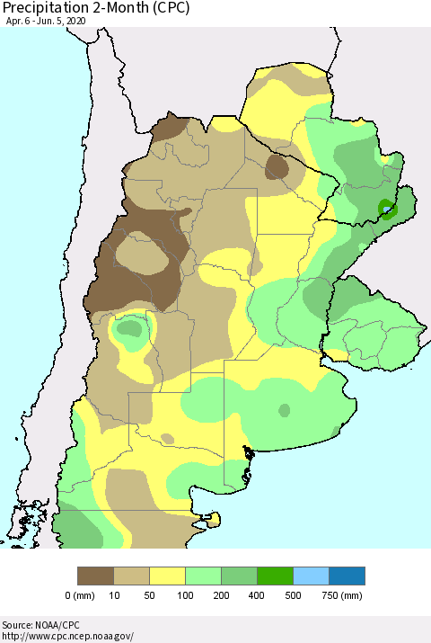 Southern South America Precipitation 2-Month (CPC) Thematic Map For 4/6/2020 - 6/5/2020