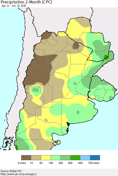 Southern South America Precipitation 2-Month (CPC) Thematic Map For 4/11/2020 - 6/10/2020