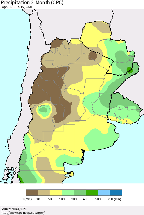 Southern South America Precipitation 2-Month (CPC) Thematic Map For 4/16/2020 - 6/15/2020