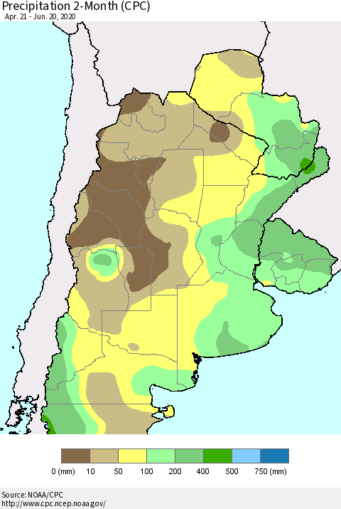 Southern South America Precipitation 2-Month (CPC) Thematic Map For 4/21/2020 - 6/20/2020