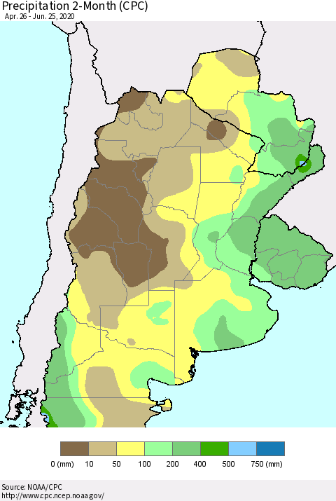 Southern South America Precipitation 2-Month (CPC) Thematic Map For 4/26/2020 - 6/25/2020