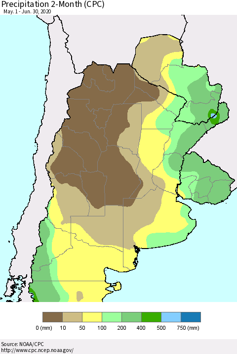 Southern South America Precipitation 2-Month (CPC) Thematic Map For 5/1/2020 - 6/30/2020