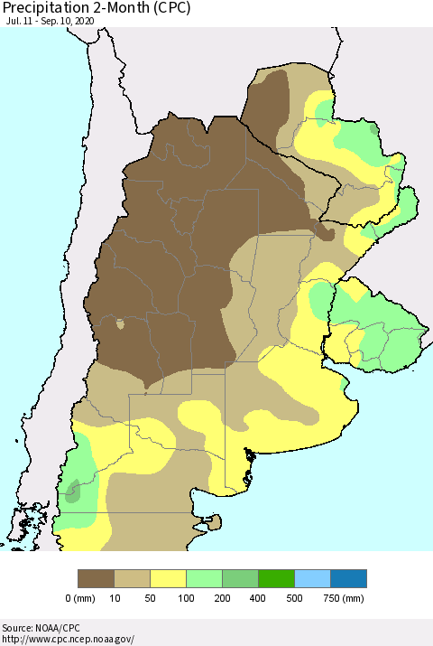 Southern South America Precipitation 2-Month (CPC) Thematic Map For 7/11/2020 - 9/10/2020