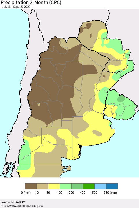 Southern South America Precipitation 2-Month (CPC) Thematic Map For 7/16/2020 - 9/15/2020