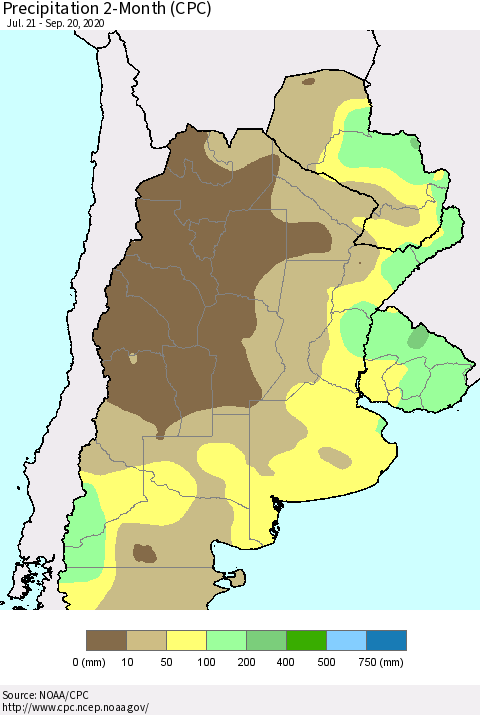 Southern South America Precipitation 2-Month (CPC) Thematic Map For 7/21/2020 - 9/20/2020