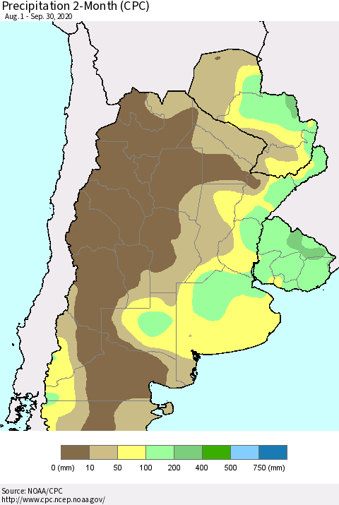 Southern South America Precipitation 2-Month (CPC) Thematic Map For 8/1/2020 - 9/30/2020