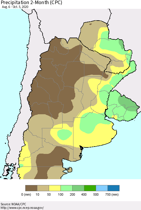 Southern South America Precipitation 2-Month (CPC) Thematic Map For 8/6/2020 - 10/5/2020