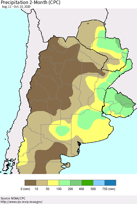 Southern South America Precipitation 2-Month (CPC) Thematic Map For 8/11/2020 - 10/10/2020