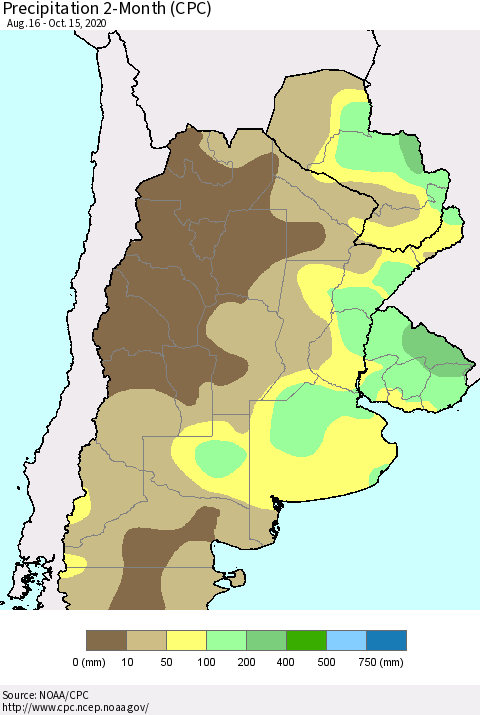 Southern South America Precipitation 2-Month (CPC) Thematic Map For 8/16/2020 - 10/15/2020