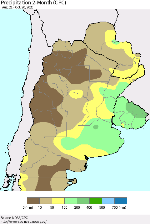 Southern South America Precipitation 2-Month (CPC) Thematic Map For 8/21/2020 - 10/20/2020