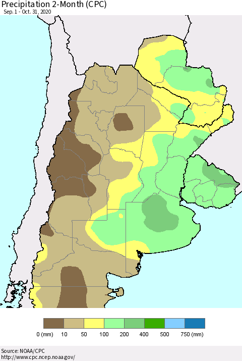 Southern South America Precipitation 2-Month (CPC) Thematic Map For 9/1/2020 - 10/31/2020